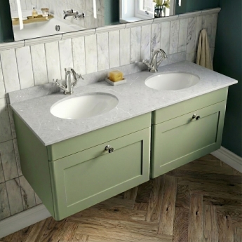Nuie Classique Wall Hung 2-Drawer Vanity Unit with 1TH Grey Round Marble Top Basin 1200mm Wide - Satin Green