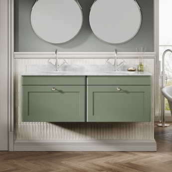 Nuie Classique Wall Hung 2-Drawer Vanity Unit with 1TH Grey Round Marble Top Basin 1200mm Wide - Satin Green | Product Image