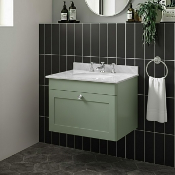 Nuie Classique Wall Hung 1-Drawer Vanity Unit with 3TH Grey Marble Top Basin 600mm Wide - Satin Green