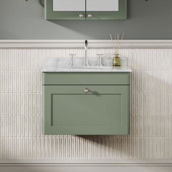 Nuie Classique Wall Hung 1-Drawer Vanity Unit with 3TH Grey Marble Top Basin 600mm Wide - Satin Green | Product Image