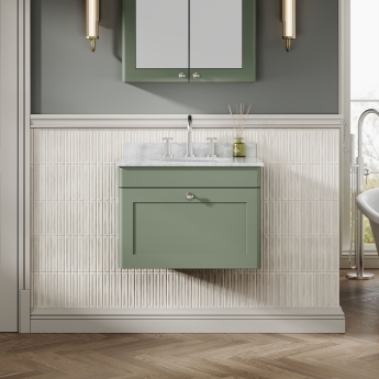 Nuie Classique Wall Hung 1-Drawer Vanity Unit with 3TH Grey Marble Top Basin 600mm Wide - Satin Green | Product Image