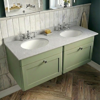 Nuie Classique Wall Hung 2-Drawer Vanity Unit with 3TH Grey Marble Top Basin 1200mm Wide - Satin Green