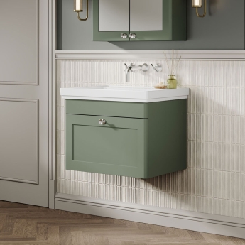 Nuie Classique Wall Hung 1-Drawer Vanity Unit with Classic Basin 600mm Wide Satin Green - 0 Tap Hole | Product Image