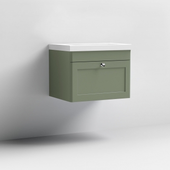 Nuie Classique Wall Hung 1-Drawer Vanity Unit with 0TH Contemporary Basin 600mm Wide - Satin Green | Product Image