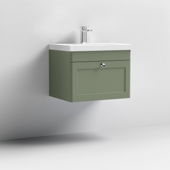 Nuie Classique Wall Hung 1-Drawer Vanity Unit with 1TH Contemporary Basin 600mm Wide - Satin Green | Product Image