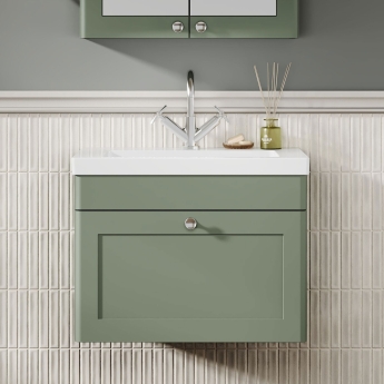 Nuie Classique Wall Hung 1-Drawer Vanity Unit with 1TH Contemporary Basin 600mm Wide - Satin Green | Product Image
