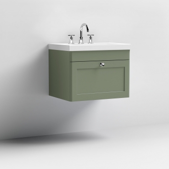 Nuie Classique Wall Hung 1-Drawer Vanity Unit with 3TH Contemporary Basin 600mm Wide - Satin Green | Product Image