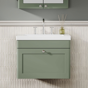Nuie Classique Wall Hung 1-Drawer Vanity Unit with 3TH Contemporary Basin 600mm Wide - Satin Green | Product Image