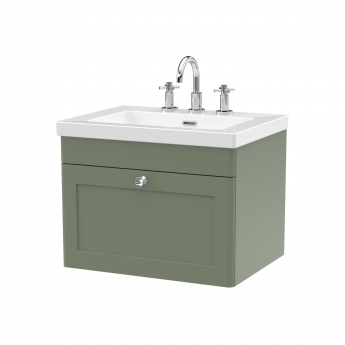 Nuie Classique Wall Hung 1-Drawer Vanity Unit with 3TH Contemporary Basin 600mm Wide - Satin Green | Product Image
