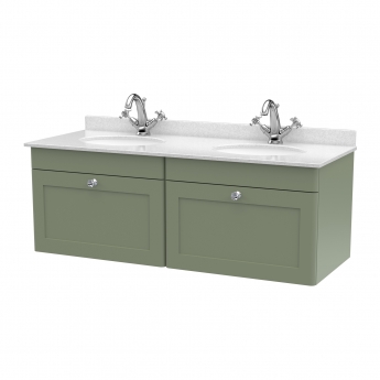 Nuie Classique Wall Hung 2-Drawer Vanity Unit with 1TH White Round Marble Top Basin 1200mm Wide - Satin Green