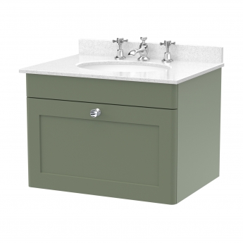Nuie Classique Wall Hung 1-Drawer Vanity Unit with 3TH White Round Marble Top Basin 600mm Wide - Satin Green