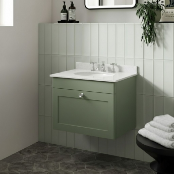 Nuie Classique Wall Hung 1-Drawer Vanity Unit with 3TH White Round Marble Top Basin 600mm Wide - Satin Green