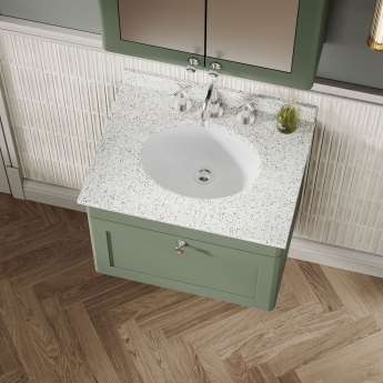 Nuie Classique Wall Hung 1-Drawer Vanity Unit with 3TH White Round Marble Top Basin 600mm Wide - Satin Green | Product Image