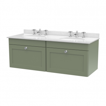 Nuie Classique Wall Hung 2-Drawer Vanity Unit with 3TH White Round Marble Top Basin 1200mm Wide - Satin Green
