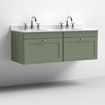 Nuie Classique Wall Hung 2-Drawer Vanity Unit with 3TH White Round Marble Top Basin 1200mm Wide - Satin Green