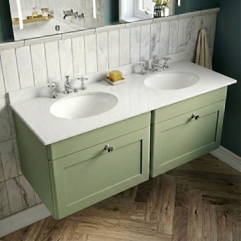 Nuie Classique Wall Hung 2-Drawer Vanity Unit with 3TH White Round Marble Top Basin 1200mm Wide - Satin Green