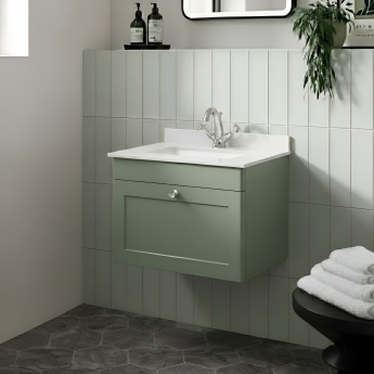 Nuie Classique Wall Hung 1-Drawer Vanity Unit with 1TH White Square Marble Top Basin 600mm Wide - Satin Green