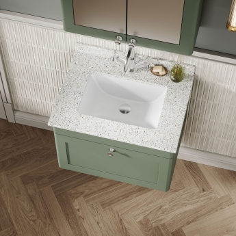 Nuie Classique Wall Hung 1-Drawer Vanity Unit with 1TH White Square Marble Top Basin 600mm Wide - Satin Green | Product Image