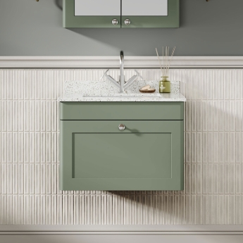 Nuie Classique Wall Hung 1-Drawer Vanity Unit with 1TH White Square Marble Top Basin 600mm Wide - Satin Green | Product Image