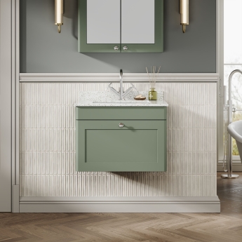 Nuie Classique Wall Hung 1-Drawer Vanity Unit with 1TH White Square Marble Top Basin 600mm Wide - Satin Green | Product Image