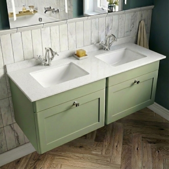 Nuie Classique Wall Hung 2-Drawer Vanity Unit with 1TH White Square Marble Top Basin 1200mm Wide - Satin Green