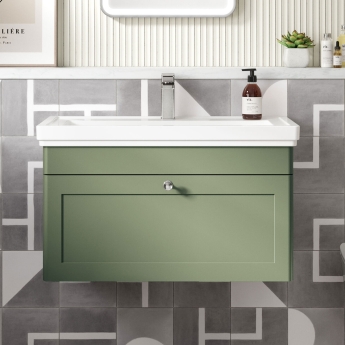 Nuie Classique Wall Hung 1-Drawer Vanity Unit with Basin 800mm Wide Satin Green - 1 Tap Hole | Product Image