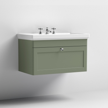 Nuie Classique Wall Hung 1-Drawer Vanity Unit with Basin 800mm Wide Satin Green - 3 Tap Hole