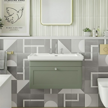 Nuie Classique Wall Hung 1-Drawer Vanity Unit with Basin 800mm Wide Satin Green - 3 Tap Hole