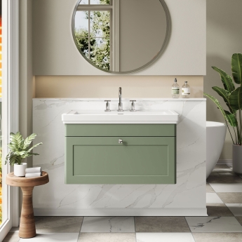 Nuie Classique Wall Hung 1-Drawer Vanity Unit with Basin 800mm Wide Satin Green - 3 Tap Hole | Product Image