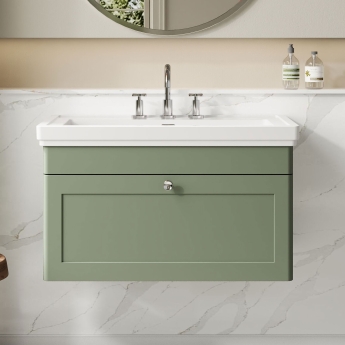 Nuie Classique Wall Hung 1-Drawer Vanity Unit with Basin 800mm Wide Satin Green - 3 Tap Hole | Product Image