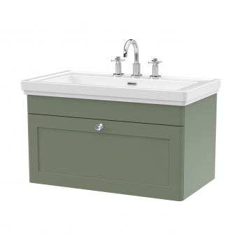 Nuie Classique Wall Hung 1-Drawer Vanity Unit with Basin 800mm Wide Satin Green - 3 Tap Hole
