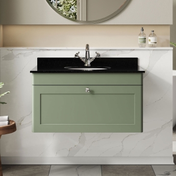 Nuie Classique Wall Hung 1-Drawer Vanity Unit with 1TH Black Marble Top Basin 800mm Wide - Satin Green | Product Image