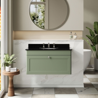 Nuie Classique Wall Hung 1-Drawer Vanity Unit with 3TH Black Marble Top Basin 800mm Wide - Satin Green | Product Image