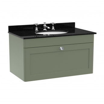 Nuie Classique Wall Hung 1-Drawer Vanity Unit with 3TH Black Marble Top Basin 800mm Wide - Satin Green