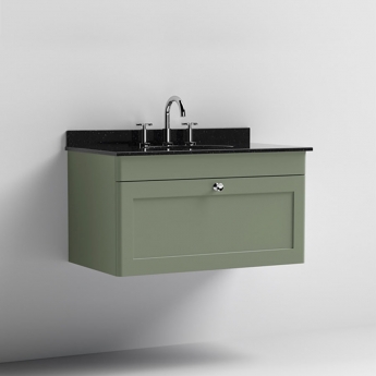 Nuie Classique Wall Hung 1-Drawer Vanity Unit with 3TH Black Marble Top Basin 800mm Wide - Satin Green