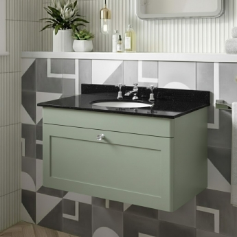 Nuie Classique Wall Hung 1-Drawer Vanity Unit with 3TH Black Marble Top Basin 800mm Wide - Satin Green