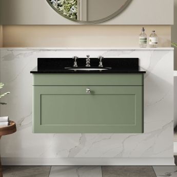 Nuie Classique Wall Hung 1-Drawer Vanity Unit with 3TH Black Marble Top Basin 800mm Wide - Satin Green | Product Image