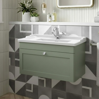 Nuie Classique Wall Hung 1-Drawer Vanity Unit with Traditional Basin 800mm Wide Satin Green - 1 Tap Hole