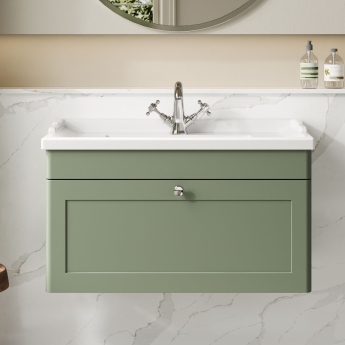 Nuie Classique Wall Hung 1-Drawer Vanity Unit with Traditional Basin 800mm Wide Satin Green - 1 Tap Hole | Product Image