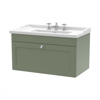 Nuie Classique Wall Hung 1-Drawer Vanity Unit with Traditional Basin 800mm Wide Satin Green - 3 Tap Hole