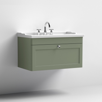 Nuie Classique Wall Hung 1-Drawer Vanity Unit with Traditional Basin 800mm Wide Satin Green - 3 Tap Hole