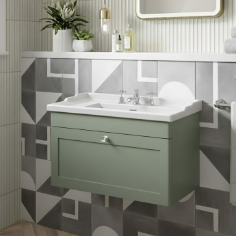 Nuie Classique Wall Hung 1-Drawer Vanity Unit with Traditional Basin 800mm Wide Satin Green - 3 Tap Hole
