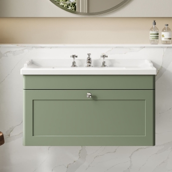 Nuie Classique Wall Hung 1-Drawer Vanity Unit with Traditional Basin 800mm Wide Satin Green - 3 Tap Hole | Product Image