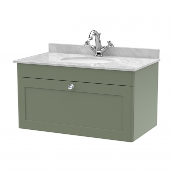 Nuie Classique Wall Hung 1-Drawer Vanity Unit with 1TH Grey Marble Top Basin 800mm Wide - Satin Green