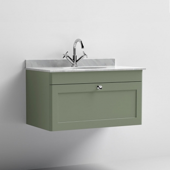 Nuie Classique Wall Hung 1-Drawer Vanity Unit with 1TH Grey Marble Top Basin 800mm Wide - Satin Green