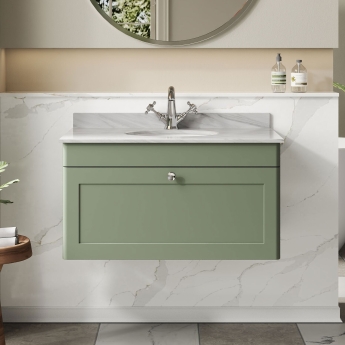 Nuie Classique Wall Hung 1-Drawer Vanity Unit with 1TH Grey Marble Top Basin 800mm Wide - Satin Green | Product Image