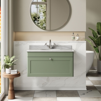 Nuie Classique Wall Hung 1-Drawer Vanity Unit with 1TH Grey Marble Top Basin 800mm Wide - Satin Green | Product Image