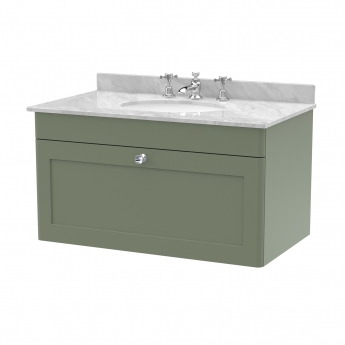 Nuie Classique Wall Hung 1-Drawer Vanity Unit with 3TH Grey Marble Top Basin 800mm Wide - Satin Green