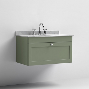 Nuie Classique Wall Hung 1-Drawer Vanity Unit with 3TH Grey Marble Top Basin 800mm Wide - Satin Green