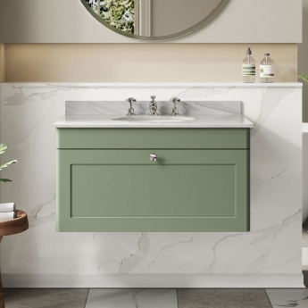 Nuie Classique Wall Hung 1-Drawer Vanity Unit with 3TH Grey Marble Top Basin 800mm Wide - Satin Green | Product Image